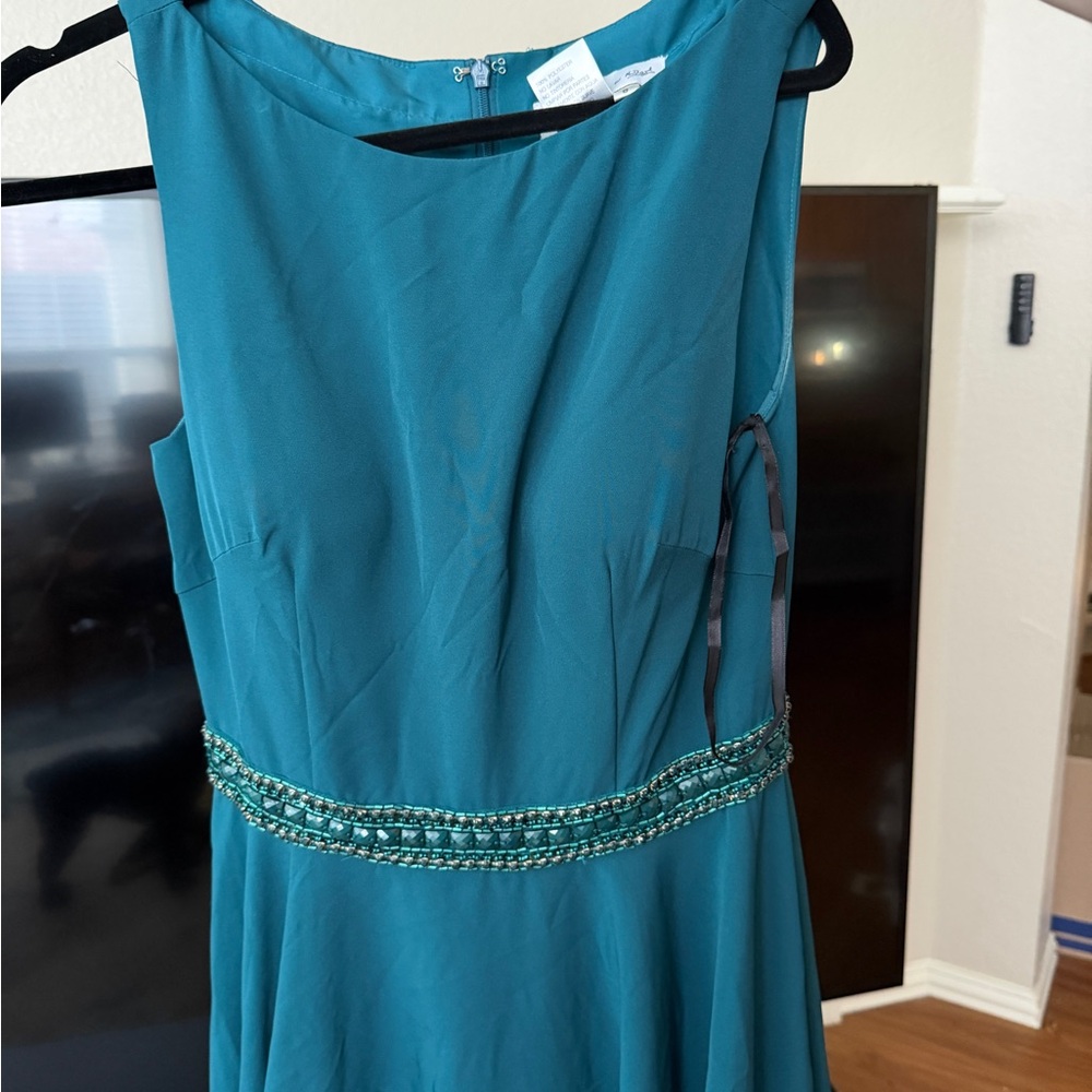 Ieena by McDuggal Sleeveless Teal Midi Dress with Beaded Waist - size 8